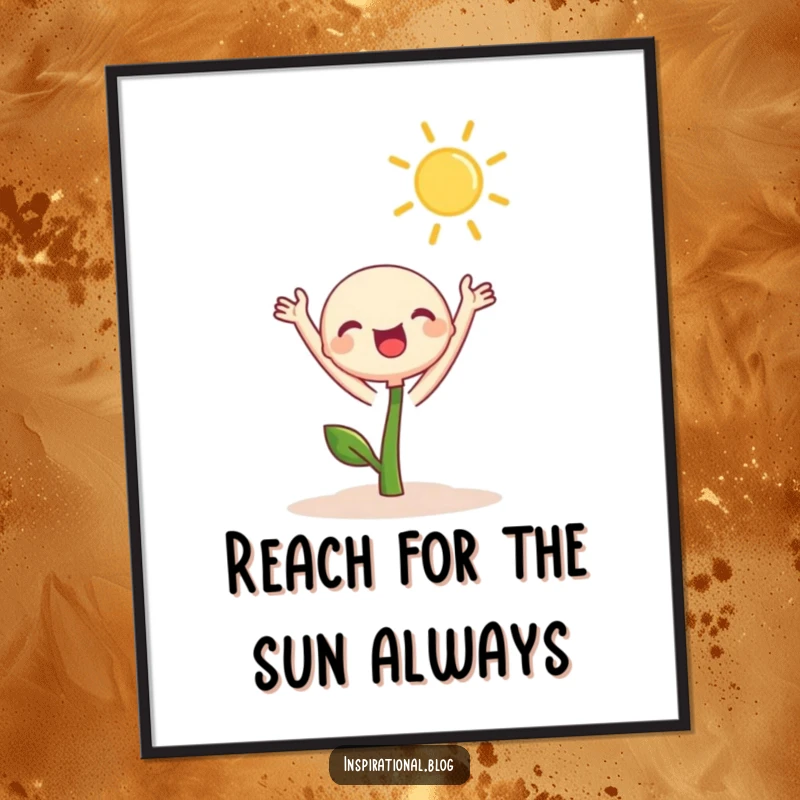 Funny Free Printable Wall Art: A cute sprout character joyfully extends its leaves towards a warm, inviting sun.