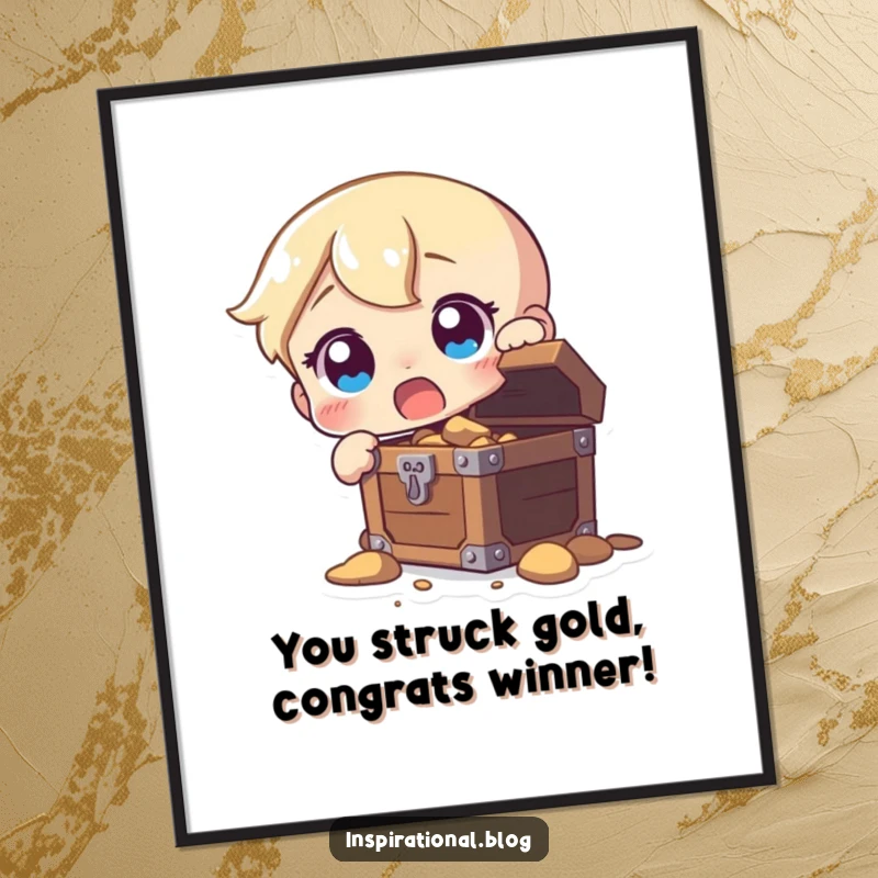 Funny Free Printable Wall Art of a character with wide, astonished eyes discovering a hidden treasure chest, adding whimsical charm.