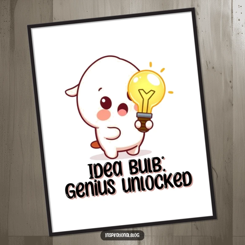 Funny Free Printable Kawaii Idea Bulb Wall Art: Character with surprised gasp, holding glowing idea bulb, inspiring decor, print at home.