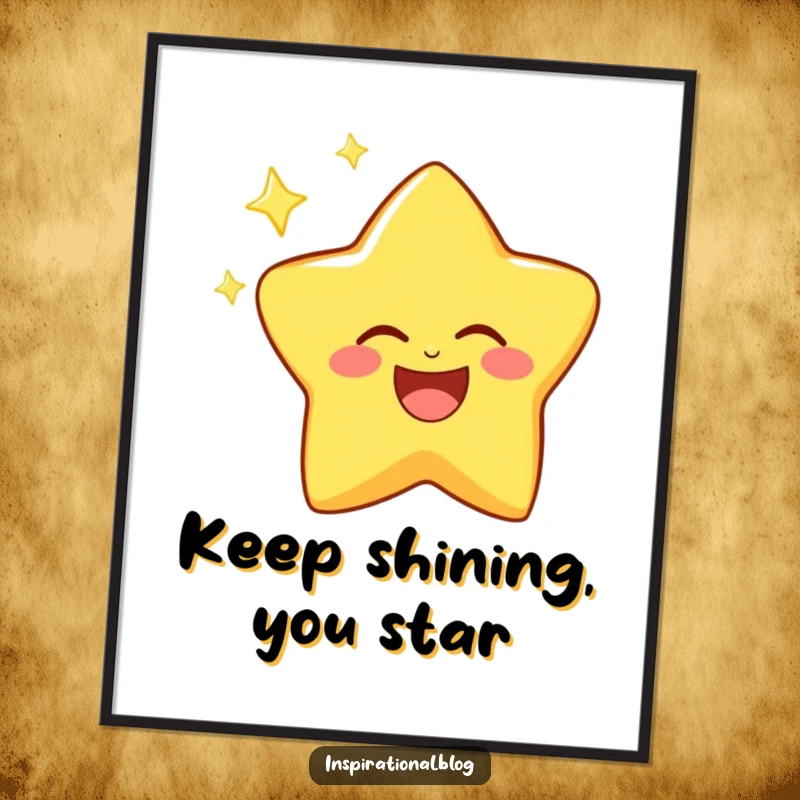 Funny Free Printable Wall Art: A brightly laughing star character twinkles joyfully against a dark background.