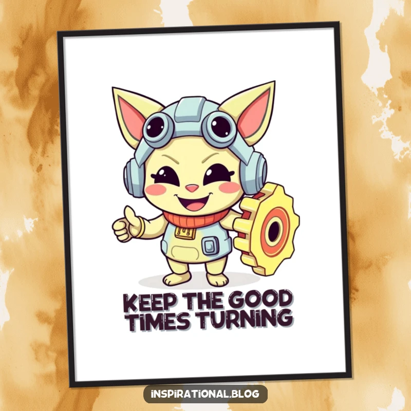 Funny Free Printable Wall Art: A mischievous gear character smiling while turning gears, adding mechanical humor.