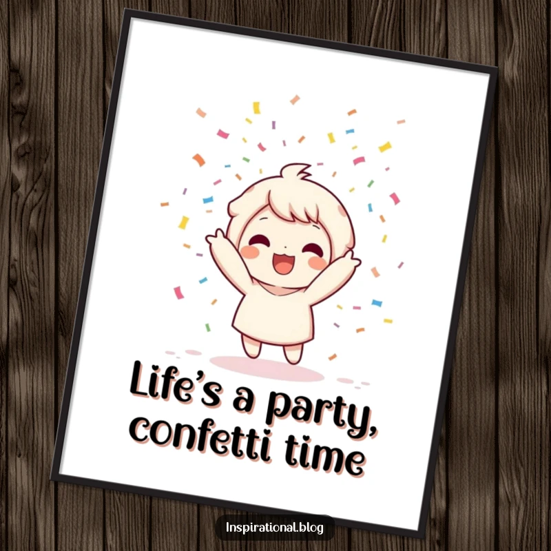 Funny Free Printable Kawaii Confetti Wall Art: Character throwing confetti bomb, festive decor, print at home.