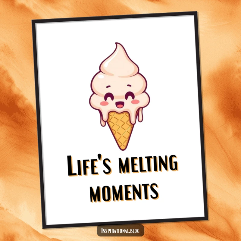 Funny Free Printable Wall Art: A melting ice cream cone with a surprised expression, dripping dramatically, creating humorous and quirky downloadable decor.