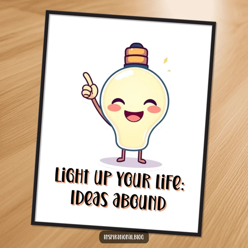 Funny Free Printable Wall Art: A smiling lightbulb character pointing its glow upwards, symbolizing bright ideas and decor.