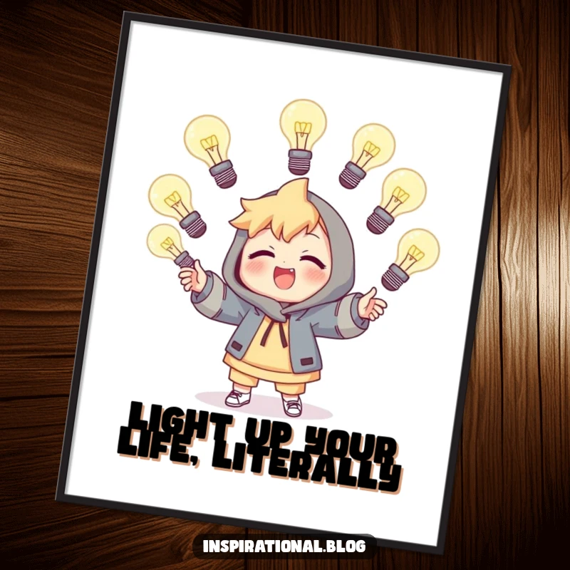 Funny Free Printable Wall Art depicting a whimsical character skillfully juggling multiple glowing light bulbs, representing bright ideas and humor.