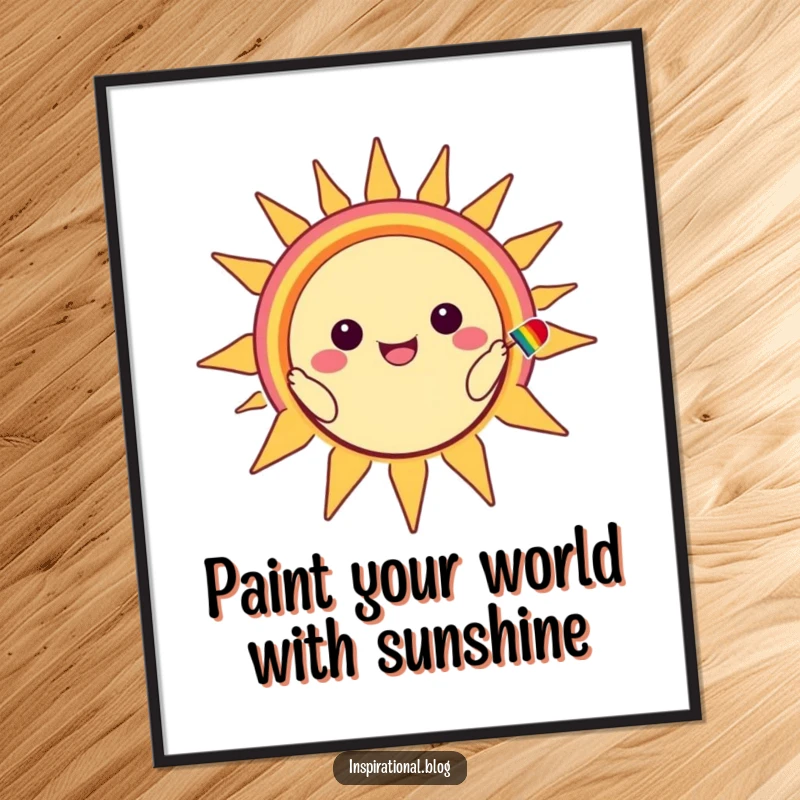 Funny Free Printable Kawaii Sun Wall Art: Character painting rainbow smile on sun, cheerful decor, print at home.