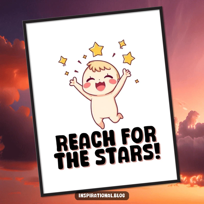 Funny Free Printable Wall Art: Tiny character leaping for joy with dynamic stars bursting.