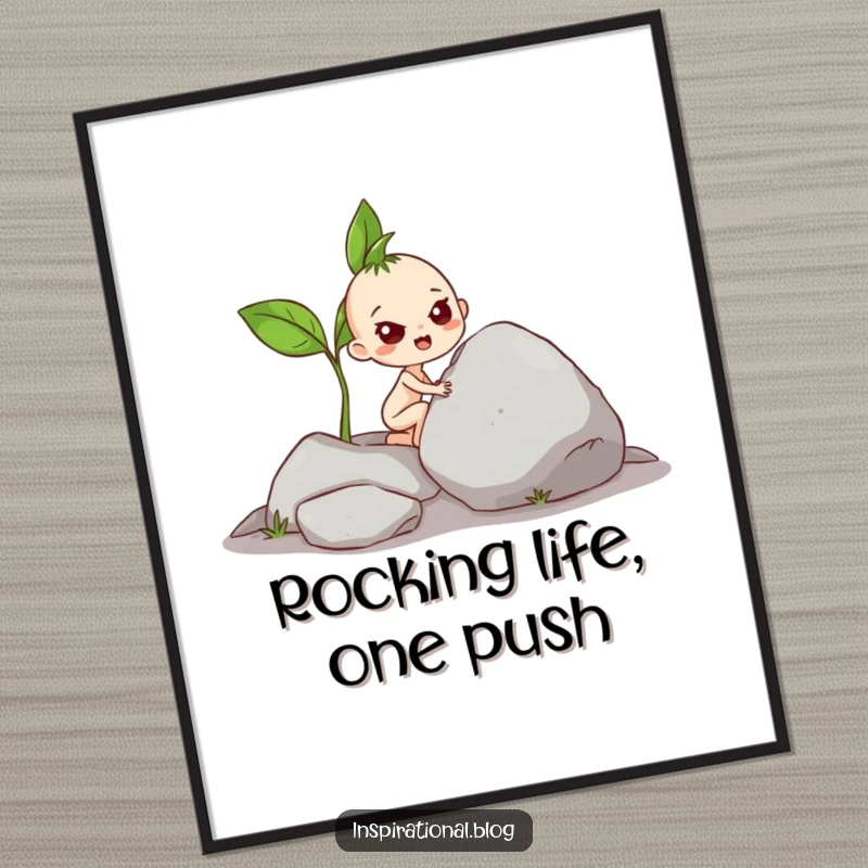 Funny Free Printable Wall Art: A tiny sprout with a determined expression pushing a giant rock, inspirational and humorous downloadable decor.