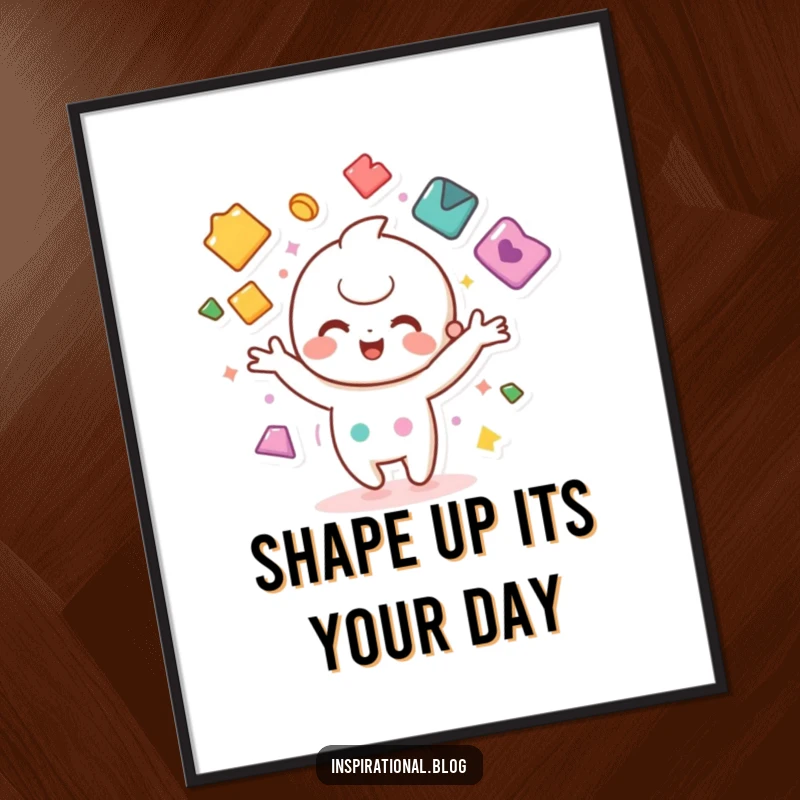 Funny Free Printable Wall Art: Adorable kawaii character joyfully juggling a variety of colorful shapes.