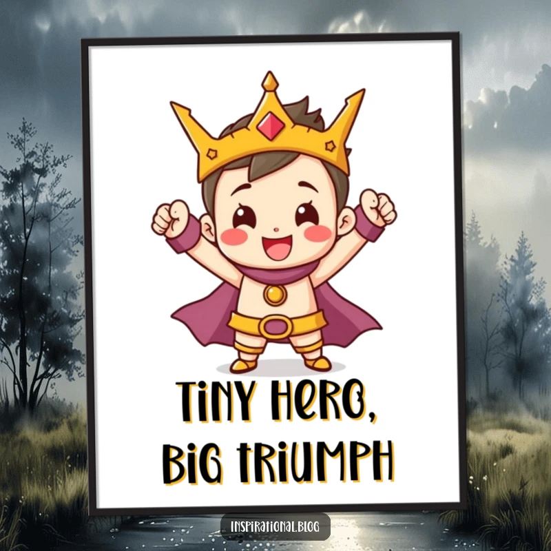 Funny Free Printable Wall Art: A tiny cheerful character striking a heroic pose with a triumphant smile, perfect for decor.