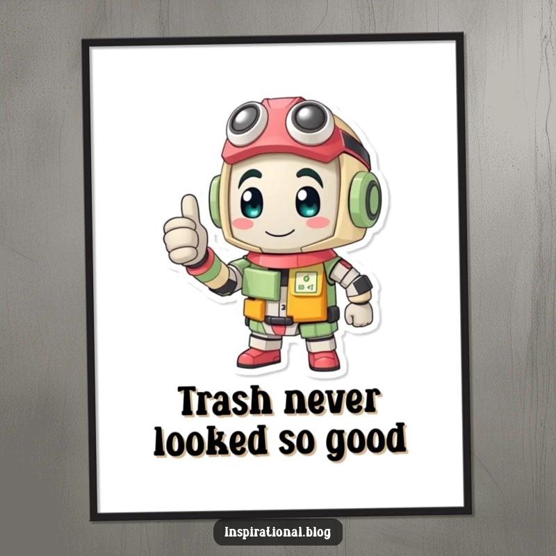 Funny Free Printable Wall Art featuring a determined character constructed from recycled materials, giving a confident thumbs-up.