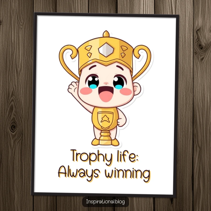 Funny Free Printable Trophy Wall Art depicting a proud, beaming trophy, symbolizing success. Downloadable art.