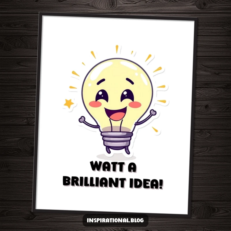Funny Free Printable wall art of a lightbulb character bursting with colorful ideas and an infectious grin.
