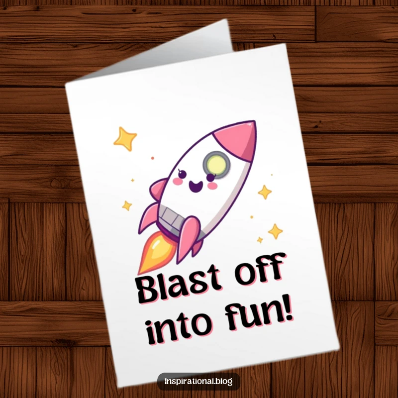Funny Free Printable Birthday Card: Happy rocket ship character blasting off with excitement, celebrating a high-flying birthday, DIY gift.