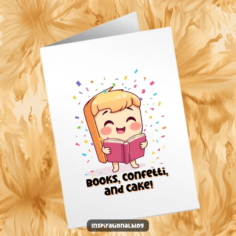 Funny Free Printable birthday card featuring a smiling book character joyfully launching colorful confetti for a festive celebration.