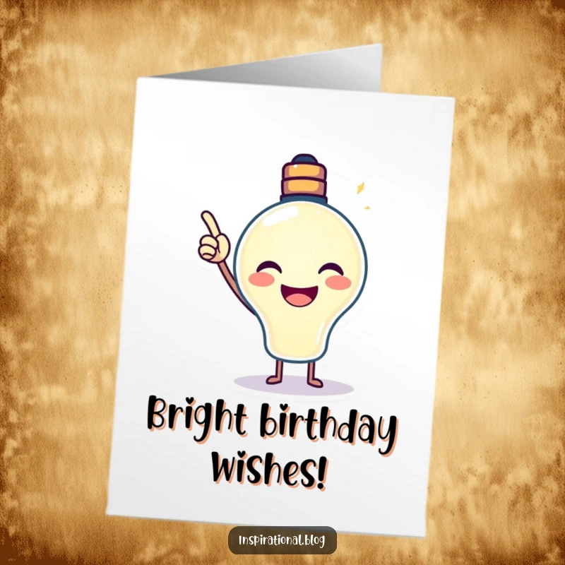 Funny Free Printable Birthday Card: A smiling lightbulb character pointing its glow upwards, symbolizing a bright birthday idea.
