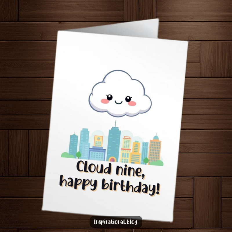 Funny Free Printable Birthday Card: A cheerful cloud character smiles brightly while floating serenely above a stylized cityscape.