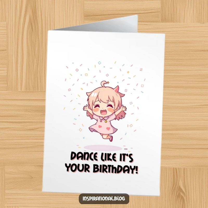 Funny Free Printable Birthday Card featuring a character dancing energetically amidst a shower of colorful confetti, celebrating a lively birthday.