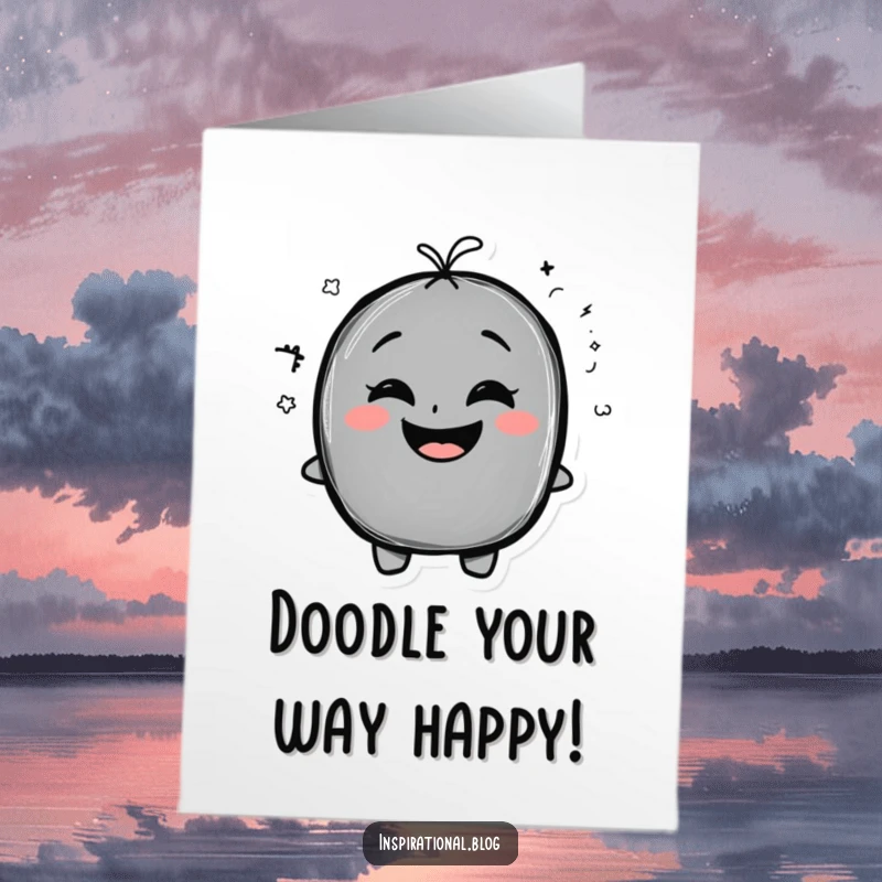 Funny Free Printable birthday card featuring a chalkboard character with a silly doodle and a wide, exaggerated smile.