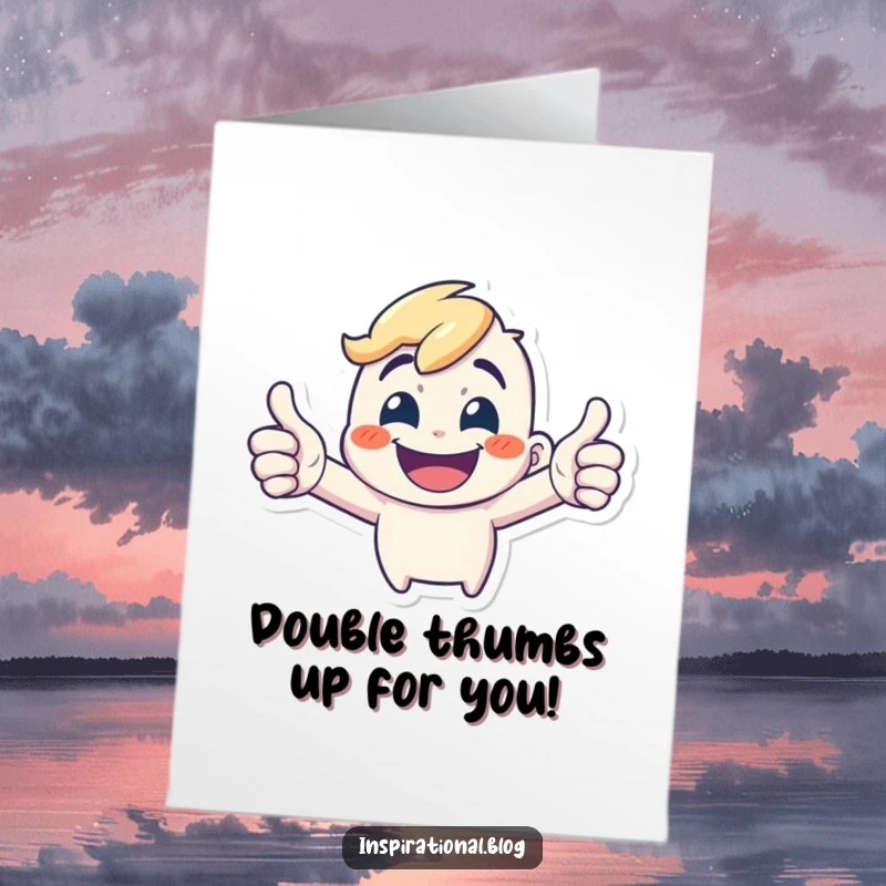Funny Free Printable Birthday Card of a tiny, energetic character giving a massive double thumbs-up with a wide grin.