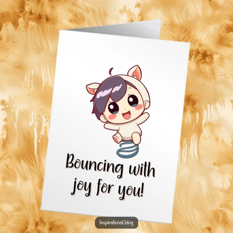 Funny Free Printable Birthday Card of a character joyfully bouncing on a spring with an expression of pure excitement.