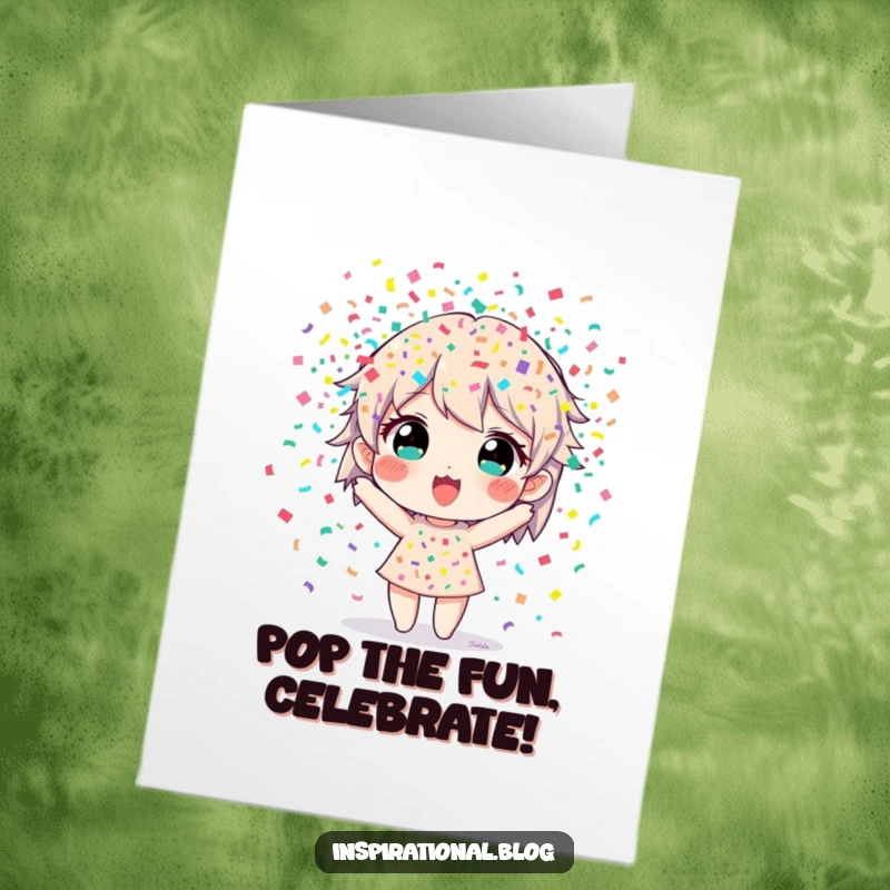 Funny Free Printable Birthday Card: A character is bursting with colorful confetti, celebrating a wild and fun birthday.