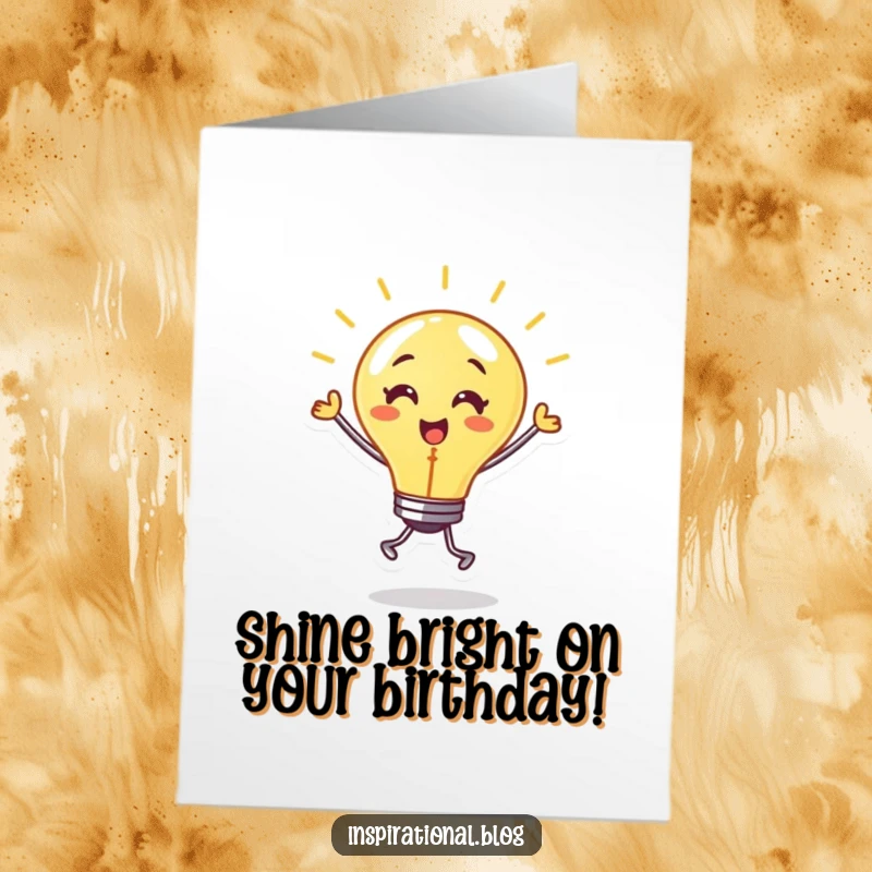 Funny Free Printable Birthday Card featuring a dancing lightbulb character radiating a warm glow and energetic movement, spreading birthday cheer.