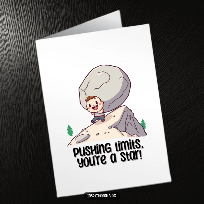 Funny Free Printable Birthday Card: Small determined character cheerfully pushing a giant boulder uphill, a symbol of effort.