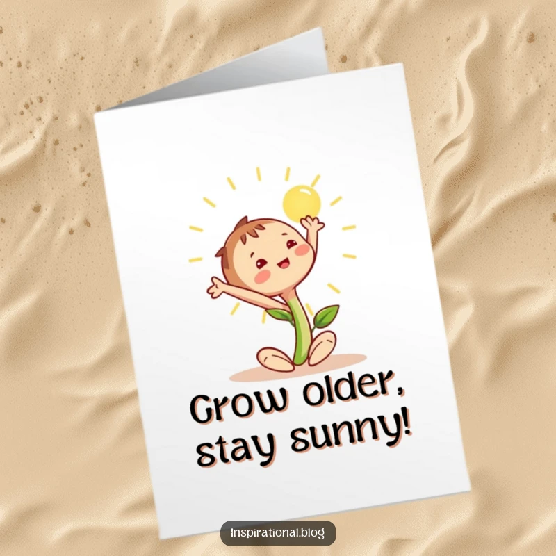Funny Free Printable Birthday Card: A cheerful seedling character stretching joyfully towards the bright sun.
