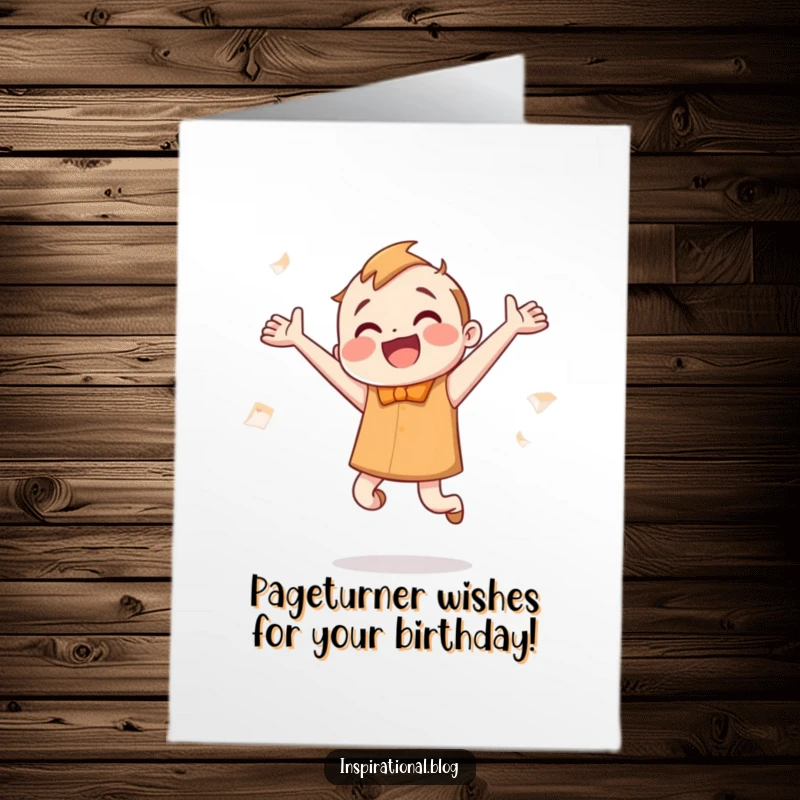 Funny Free Printable Birthday Card of a smiling book character jumping with excitement, pages fluttering like wings.