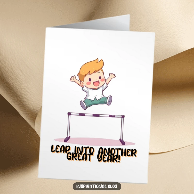Funny Free Printable Birthday Card showing a character triumphantly leaping over a hurdle, symbolizing overcoming challenges and joyous celebration.
