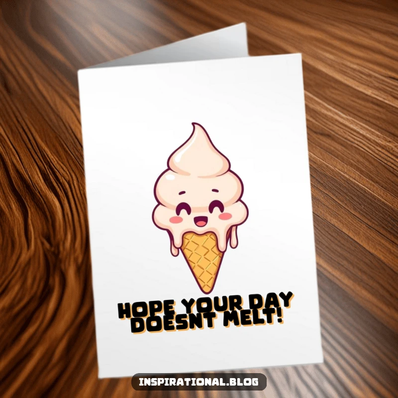 Funny Free Printable Birthday Card: A melting ice cream cone with a shocked face, dripping everywhere, perfect for a humorous downloadable card.