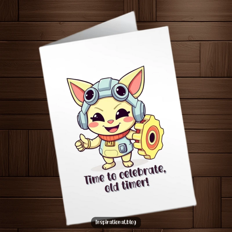 Funny Free Printable Birthday Card: A mischievous gear character smiling while merrily turning gears.