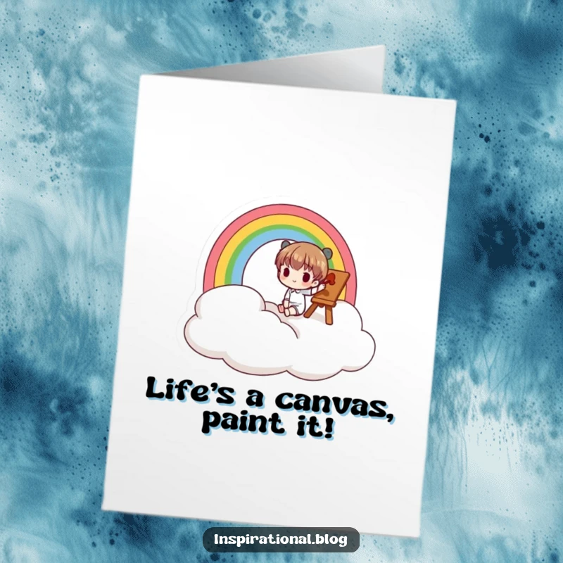 Funny Free Printable Birthday Card: Small character painting a vibrant rainbow on a fluffy cloud, spreading happy birthday wishes.