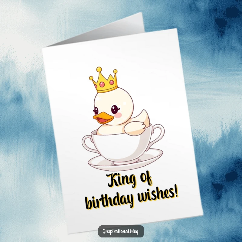 Funny Free Printable Birthday Card featuring a rubber duck in a tiny crown floating regally on a teacup.