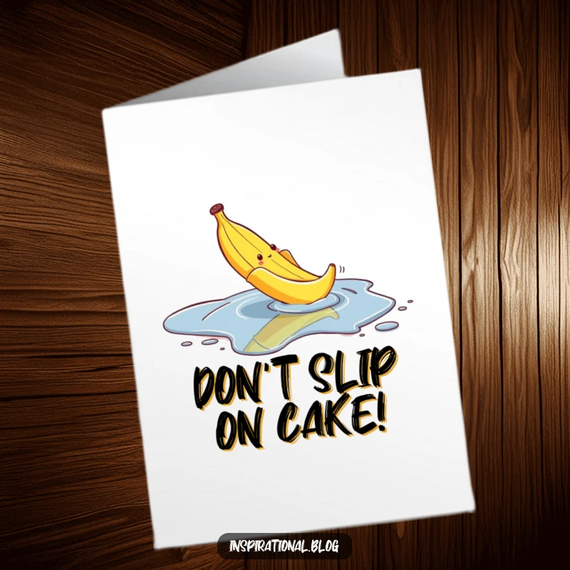 Funny Free Printable Birthday Card featuring a banana peel comically slipping on a small, mischievous puddle.
