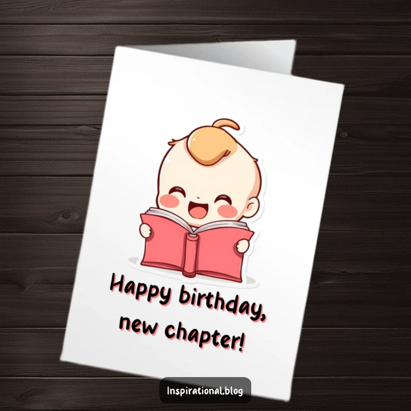 Funny Free Printable Birthday Card: A smiling book character's pages flutter open excitedly, ready for celebration.