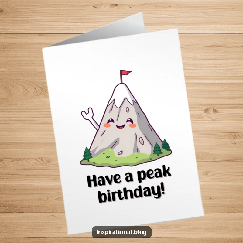 Funny Free Printable Birthday Card featuring a smiling mountain character cheerfully waving with a small flag on its peak, sending grand wishes.