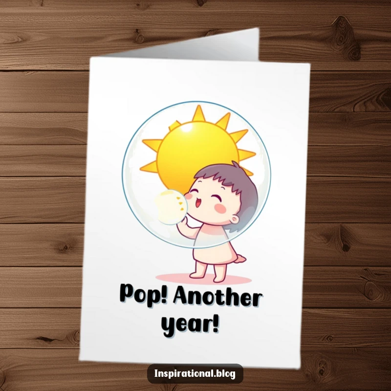Funny Free Printable Birthday Card: Character blows a giant bubble reflecting a smiling sun for a humorous birthday wish.