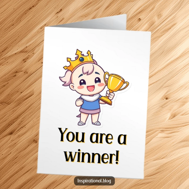 Funny free printable birthday card of a character beaming with pride, proudly holding up a shiny trophy, celebrating a win.