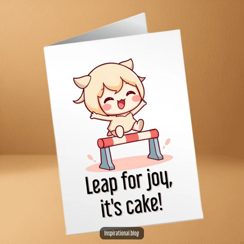 Funny Free Printable Birthday Card: Kawaii character joyfully leaping over a tiny hurdle, conveying excitement and fun.