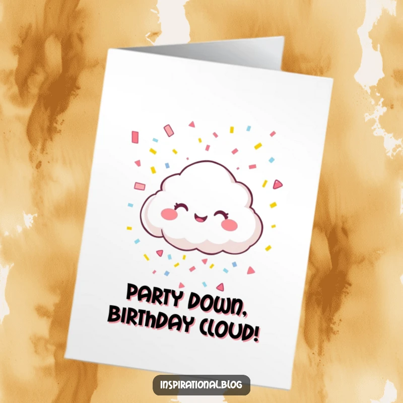 Funny Free Printable Cloud Birthday Card featuring a giggling cloud raining down colorful confetti with joyous abandon.