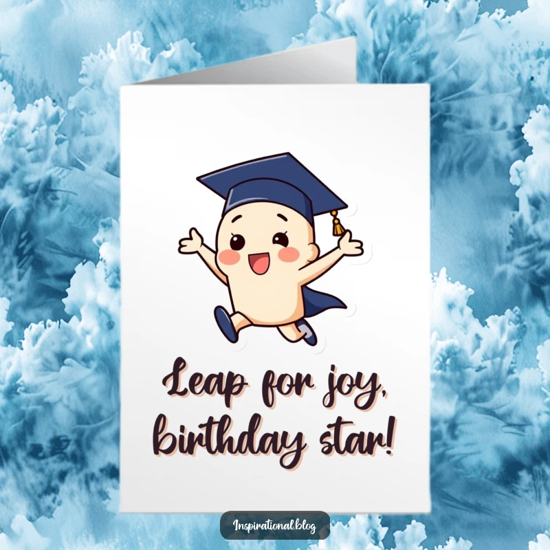 Funny Free Printable Graduation Cap Card celebrating a triumphant leap, symbolizing academic success. Humorous downloadable art.