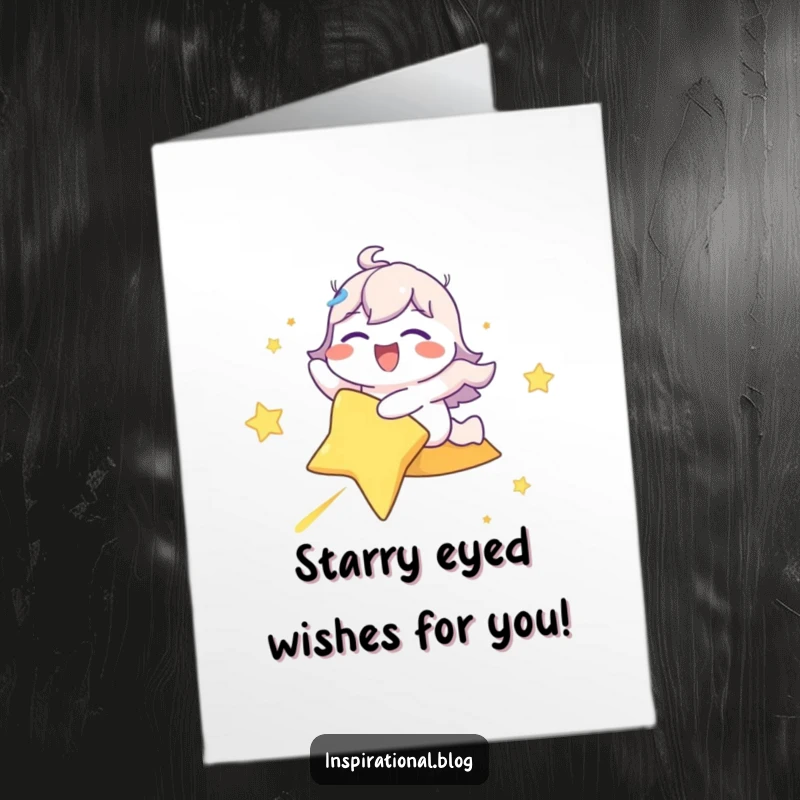 Funny Free Printable Birthday Card: Character joyfully rides a shooting star, eyes closed in pure delight, celebrating with cosmic fun.