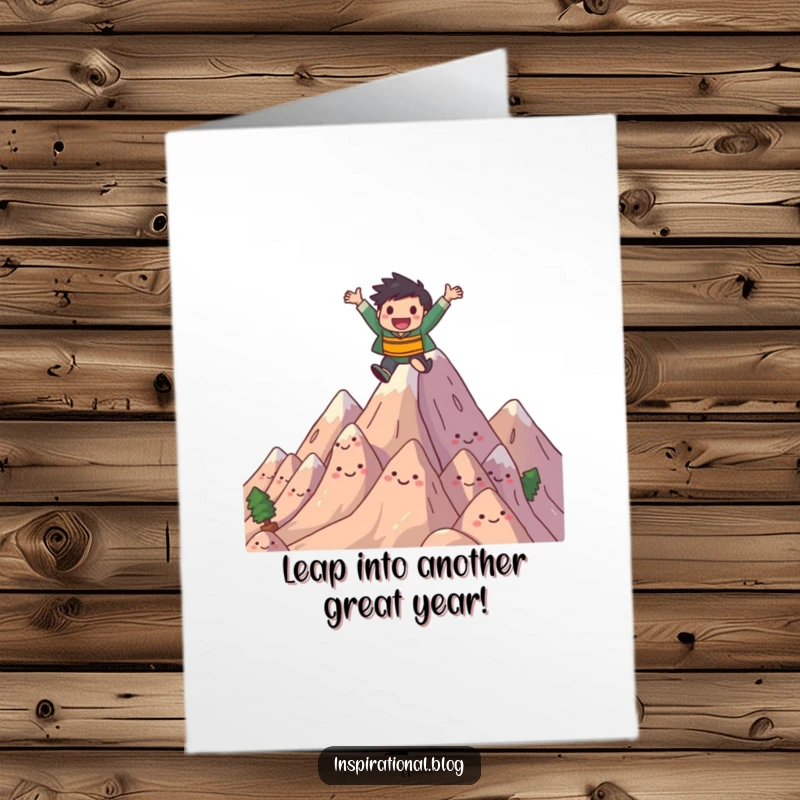 Funny Free Printable Birthday Card: Joyful character leaping energetically over a pile of smiling mountains.