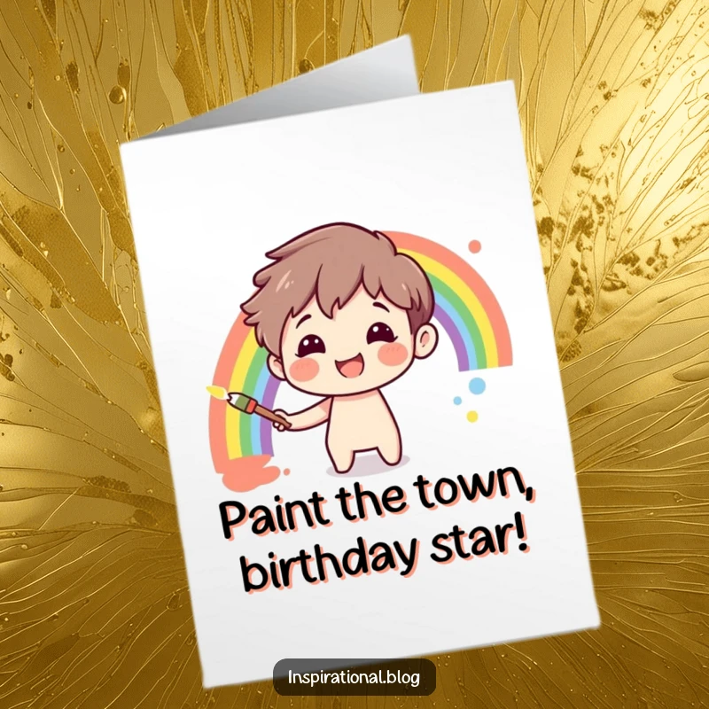 Funny Free Printable Birthday Card: Character smiles brightly, painting a rainbow, a humorous and artistic birthday wish.