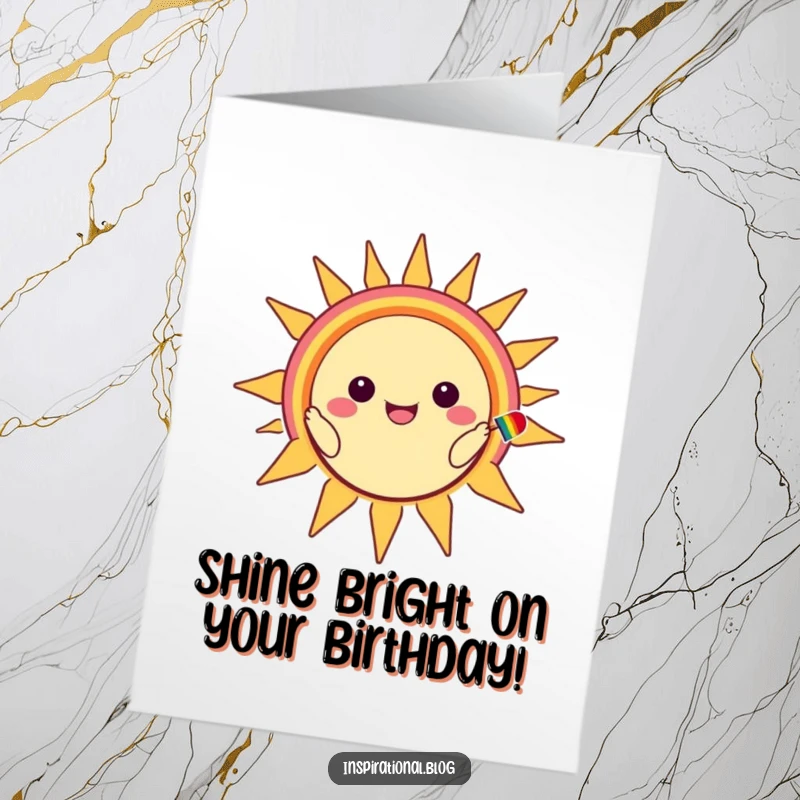 Funny Free Printable Kawaii Sun Birthday Card: Character painting rainbow smile on sun, joyful, bright, print at home.