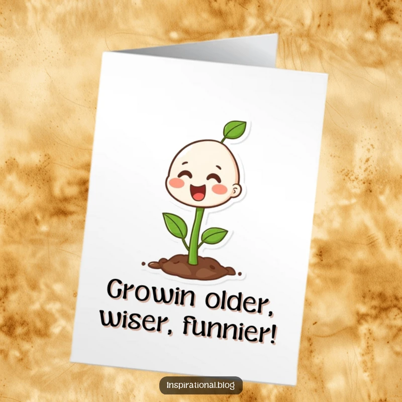 Funny Free Printable Birthday Card: Happy seedling character bursting with growth, symbolizing a vibrant and successful year ahead, DIY gift.