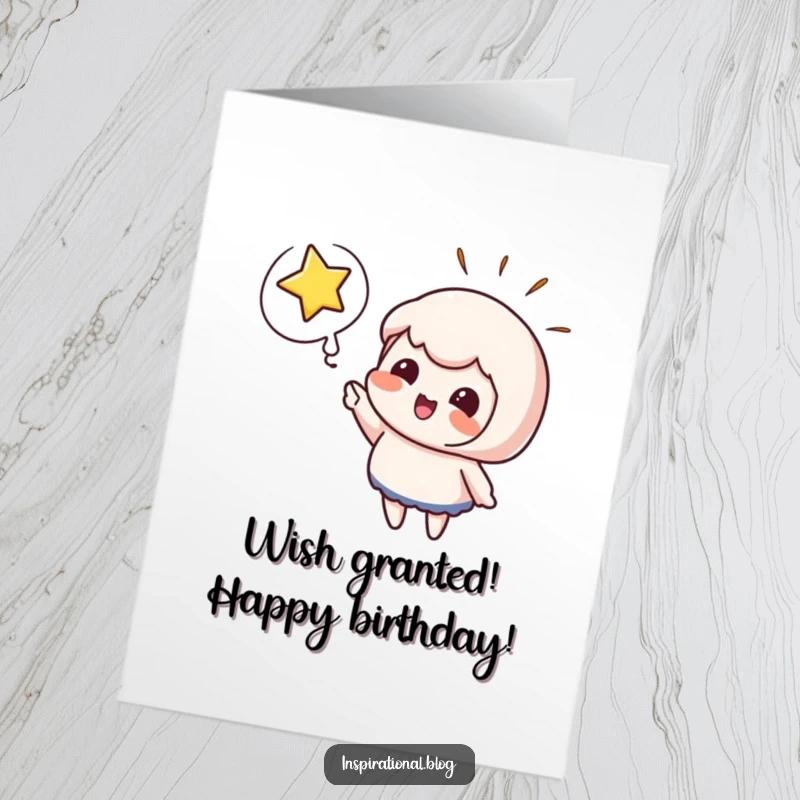 Funny Free Printable Birthday Card: Cute character excitedly pointing at a bursting star with a thought bubble.