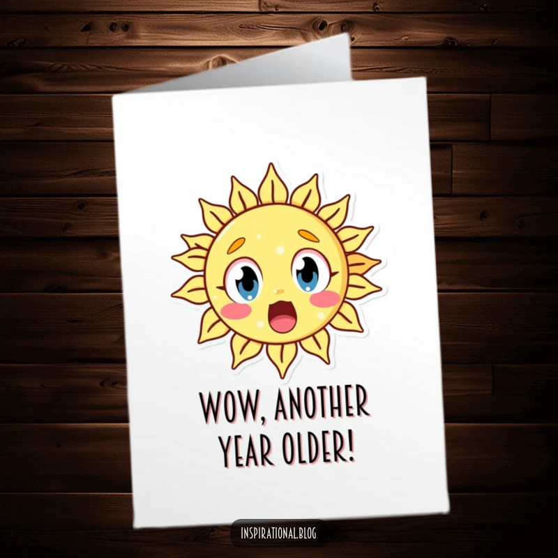 Funny Free Printable Sun Birthday Card featuring a sun character with wide, surprised eyes, exclaiming happy birthday with shock.